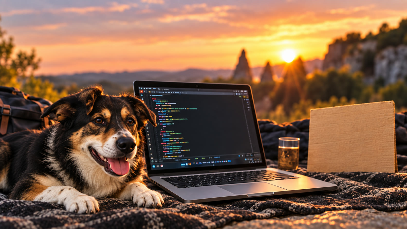 Folletto, laptop e progetti online al tramonto